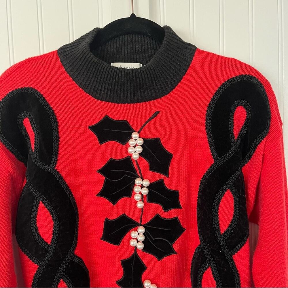 VIntage 80s Holiday Sweater Bright Red and Black Velvet Faux Pearls Cable Knit S